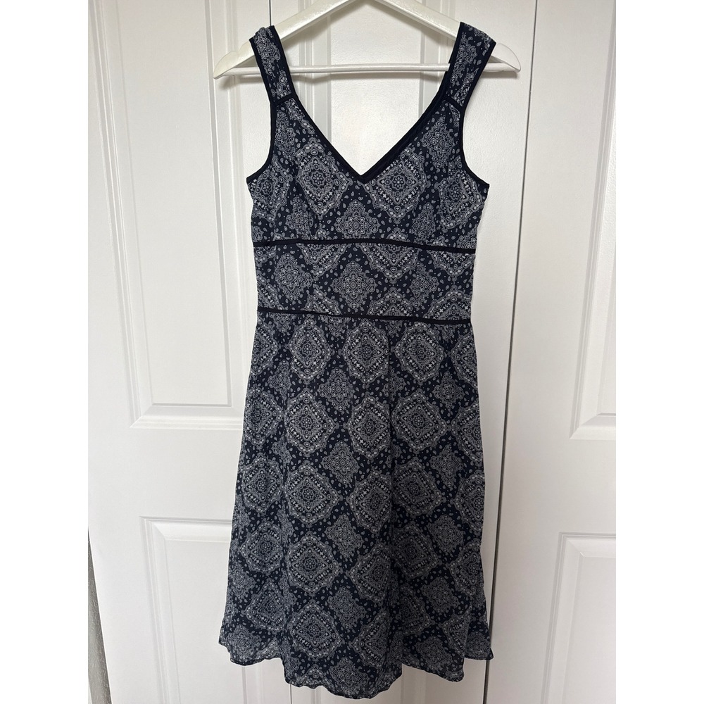 Ann Taylor LOFT Navy Blue White Paisley Medallion Cotton A-Line Sundress 4